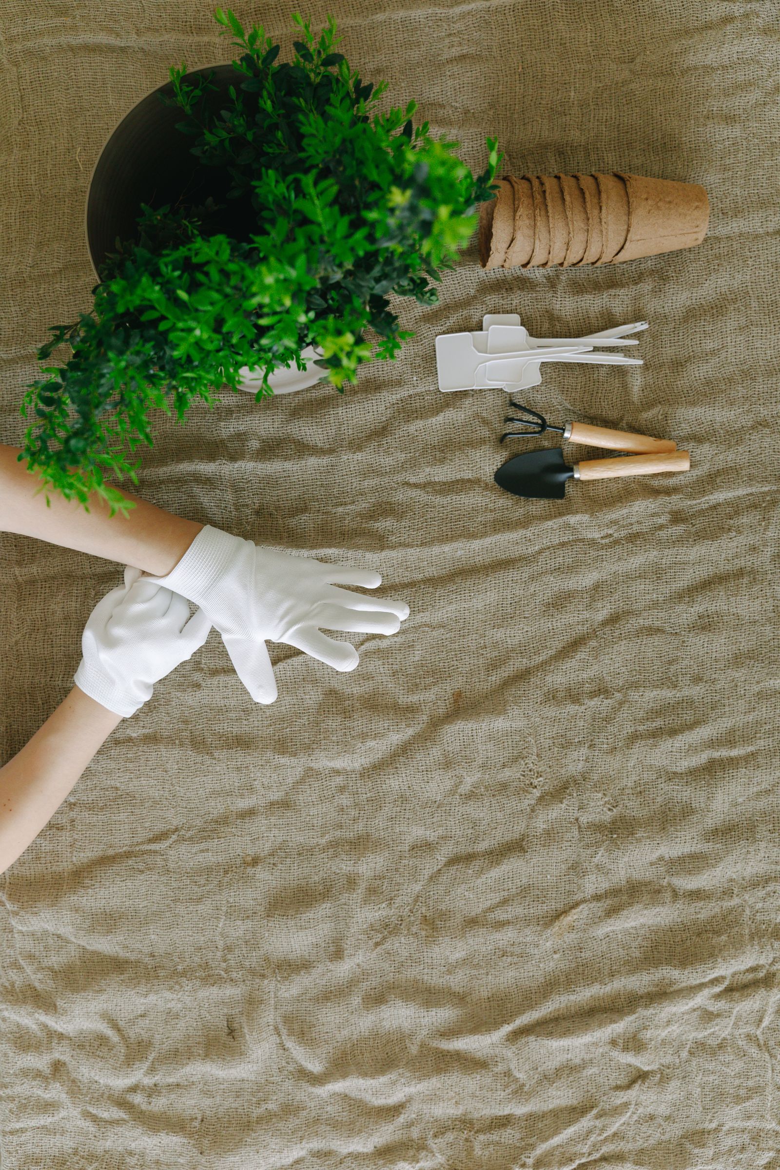 Gartengeräte und Handschuhe auf Jute angeordnet